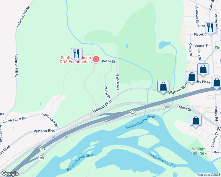 map of restaurants, bars, coffee shops, grocery stores, and more near 29 Birch Street in Johnson City