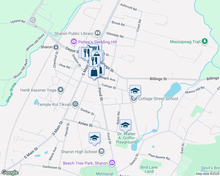 map of restaurants, bars, coffee shops, grocery stores, and more near 13 Tolman Street in Sharon