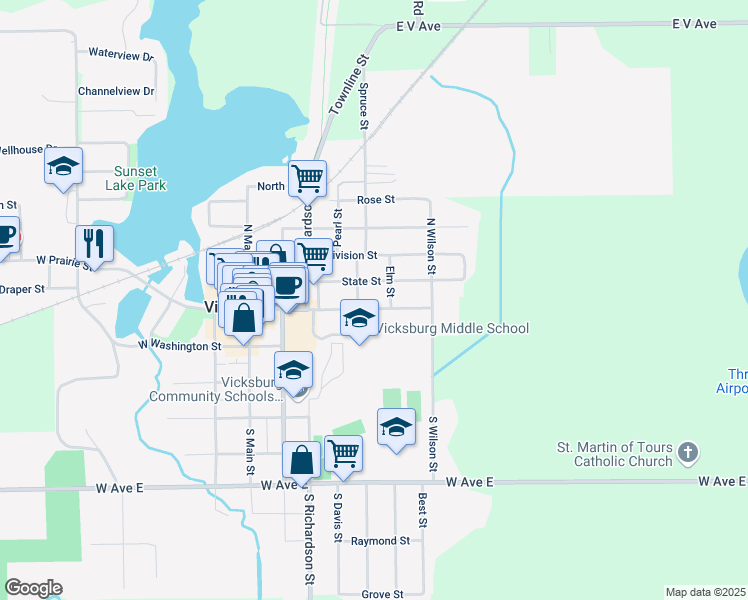 map of restaurants, bars, coffee shops, grocery stores, and more near 411 East Prairie Street in Vicksburg