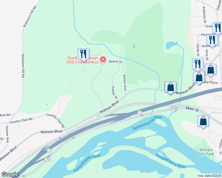 map of restaurants, bars, coffee shops, grocery stores, and more near 12 Woodland Avenue in Johnson City