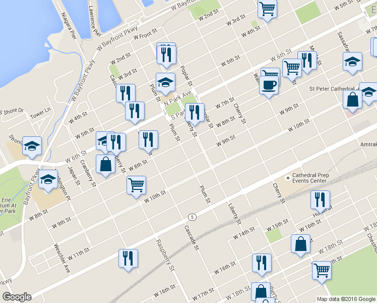 map of restaurants, bars, coffee shops, grocery stores, and more near 825 West 8th Street in Erie