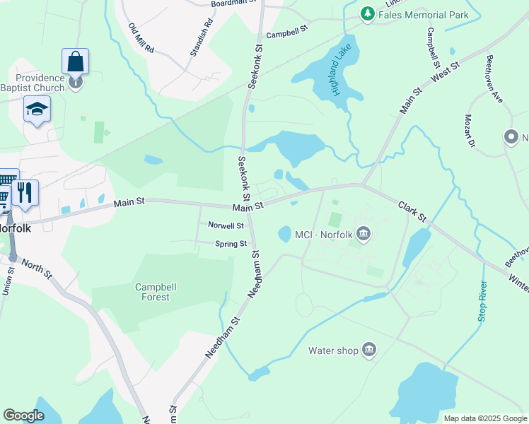 map of restaurants, bars, coffee shops, grocery stores, and more near 1 Needham Street in Norfolk
