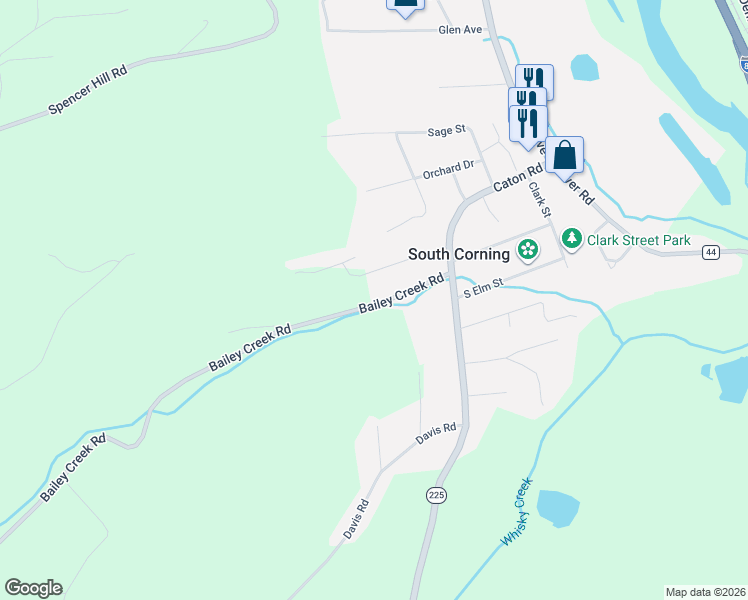 map of restaurants, bars, coffee shops, grocery stores, and more near 2789 Bailey Creek Road in Corning