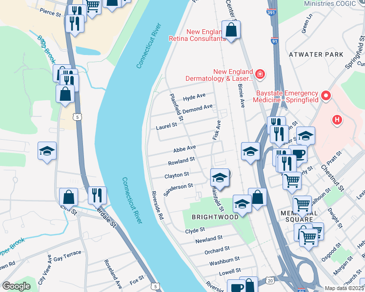 map of restaurants, bars, coffee shops, grocery stores, and more near 91 Abbe Avenue in Springfield