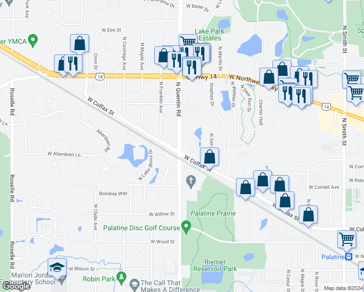 map of restaurants, bars, coffee shops, grocery stores, and more near 552 North Quentin Road in Palatine