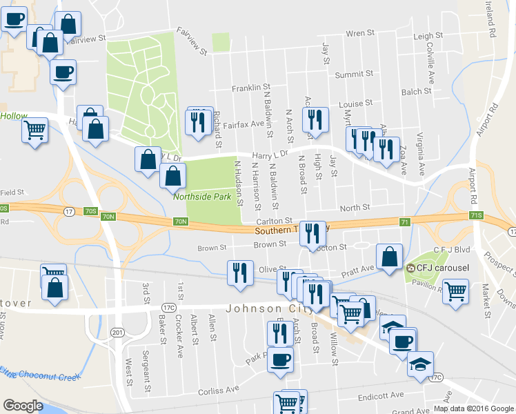 map of restaurants, bars, coffee shops, grocery stores, and more near 17 North Harrison Street in Johnson City