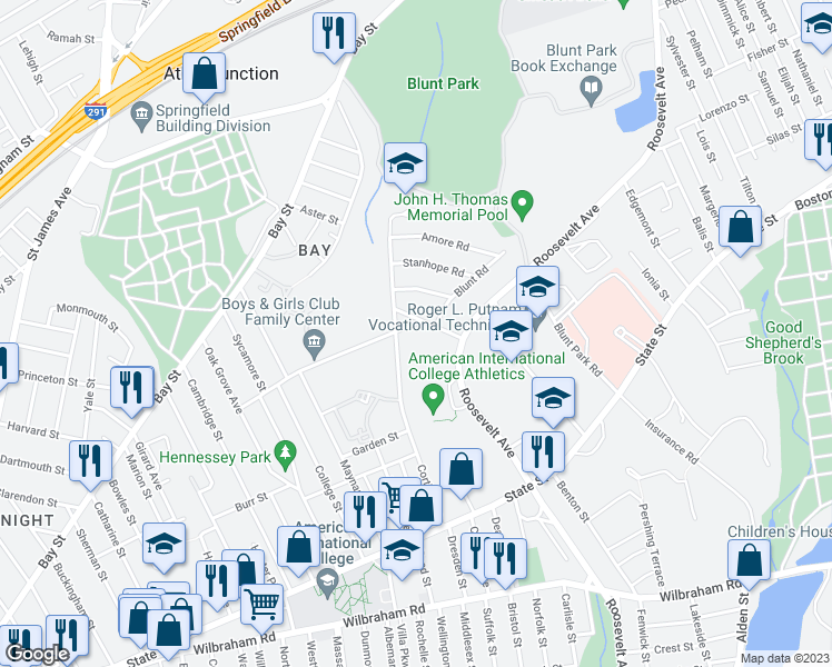 map of restaurants, bars, coffee shops, grocery stores, and more near 185-187 Acorn Street in Springfield