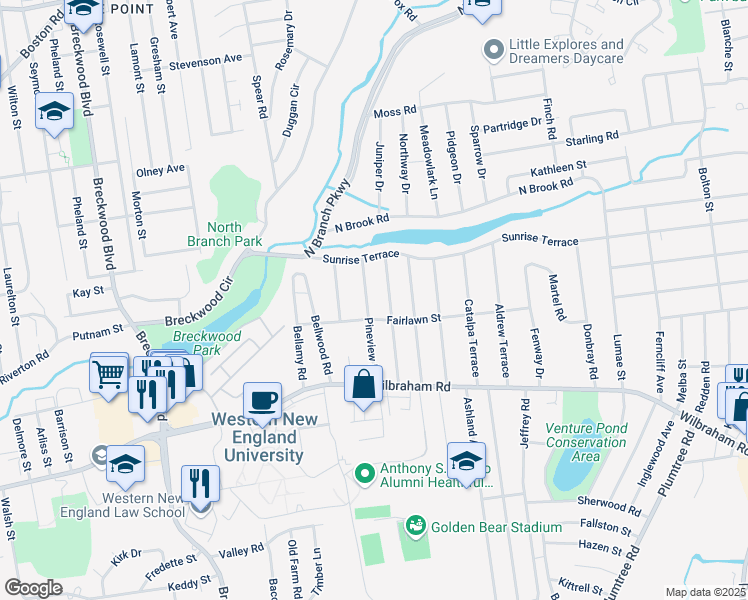 map of restaurants, bars, coffee shops, grocery stores, and more near 84 Denwall Drive in Springfield