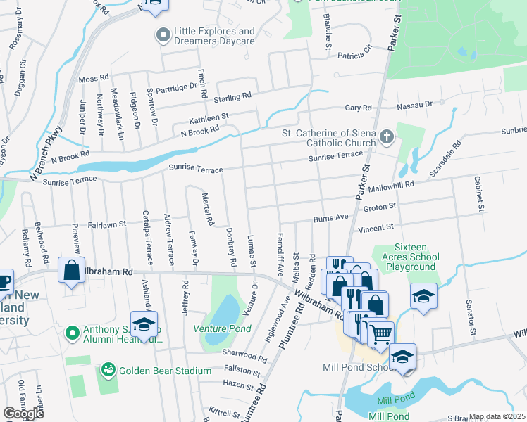map of restaurants, bars, coffee shops, grocery stores, and more near 157 Prouty Street in Springfield