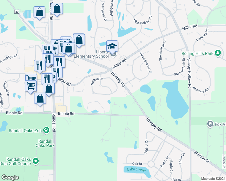 map of restaurants, bars, coffee shops, grocery stores, and more near 7046 Nathan Lane in Carpentersville