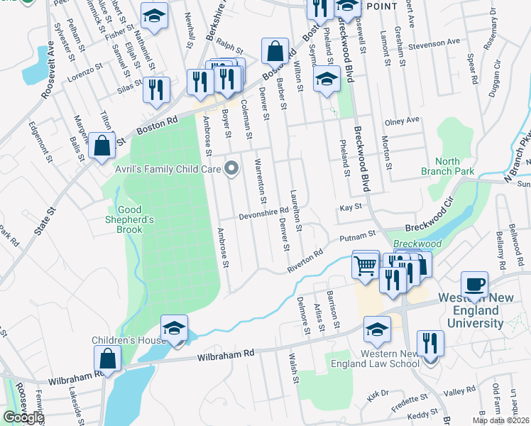 map of restaurants, bars, coffee shops, grocery stores, and more near 103 Warrenton Street in Springfield