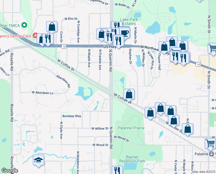 map of restaurants, bars, coffee shops, grocery stores, and more near 552 North Quentin Road in Palatine