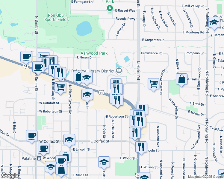map of restaurants, bars, coffee shops, grocery stores, and more near 234 East Northwest Highway in Palatine