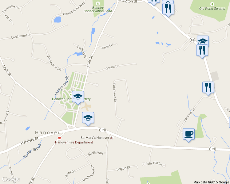 map of restaurants, bars, coffee shops, grocery stores, and more near 133 Twin Fawn Drive in Hanover