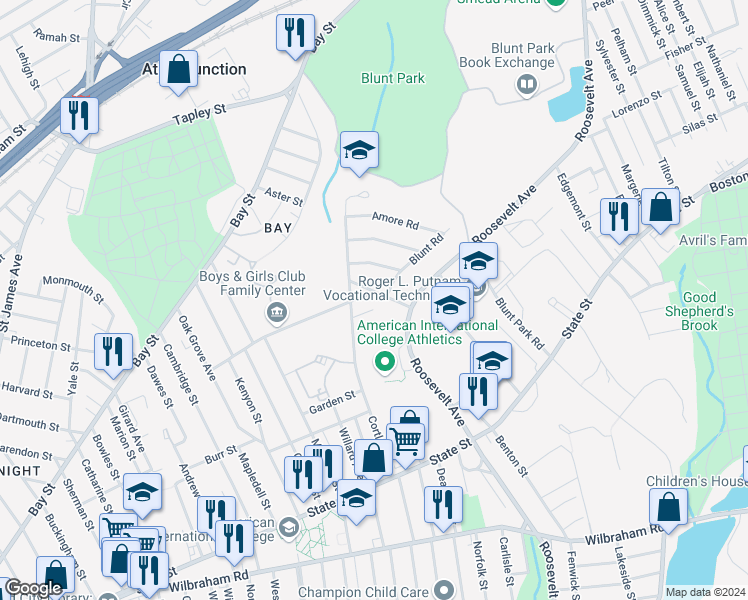 map of restaurants, bars, coffee shops, grocery stores, and more near 185-187 Acorn Street in Springfield