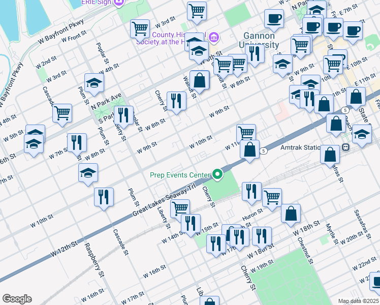 map of restaurants, bars, coffee shops, grocery stores, and more near 1000-1098 Cherry St in Erie