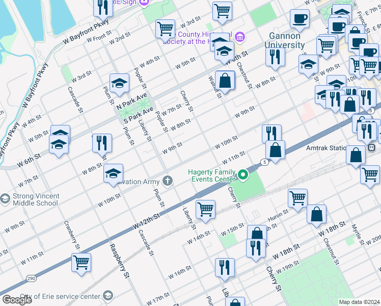 map of restaurants, bars, coffee shops, grocery stores, and more near 633 West 10th Street in Erie