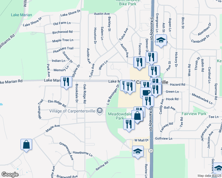 map of restaurants, bars, coffee shops, grocery stores, and more near 107 Meadowdale Court in Carpentersville