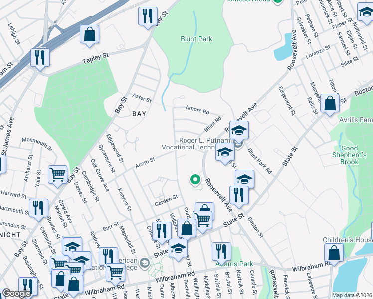 map of restaurants, bars, coffee shops, grocery stores, and more near 185-187 Acorn Street in Springfield