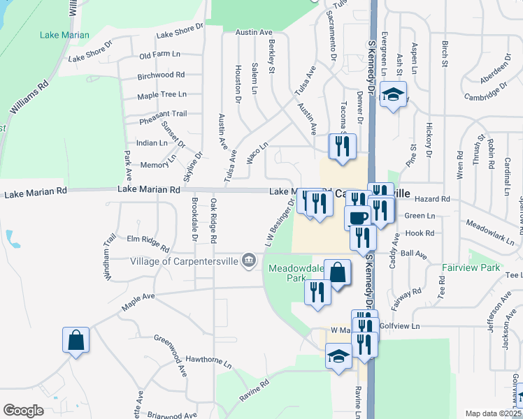 map of restaurants, bars, coffee shops, grocery stores, and more near 107 Meadowdale Court in Carpentersville