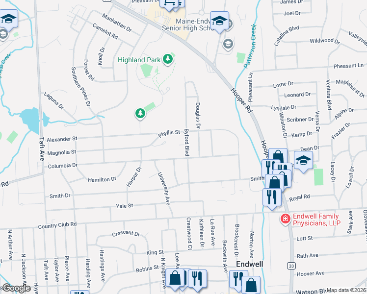 map of restaurants, bars, coffee shops, grocery stores, and more near 3023 Columbia Drive in Endicott