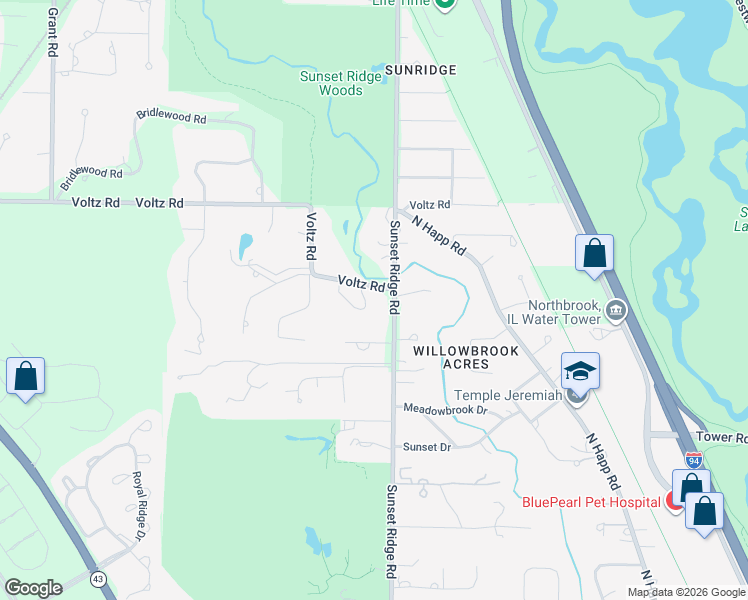 map of restaurants, bars, coffee shops, grocery stores, and more near 1780 Sunset Ridge Road in Northbrook