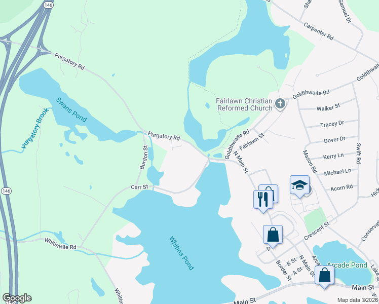 map of restaurants, bars, coffee shops, grocery stores, and more near 151 Purgatory Road in Northbridge