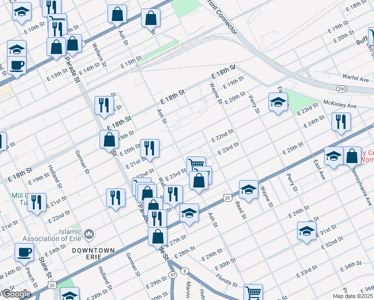 map of restaurants, bars, coffee shops, grocery stores, and more near 601 East 22nd Street in Erie