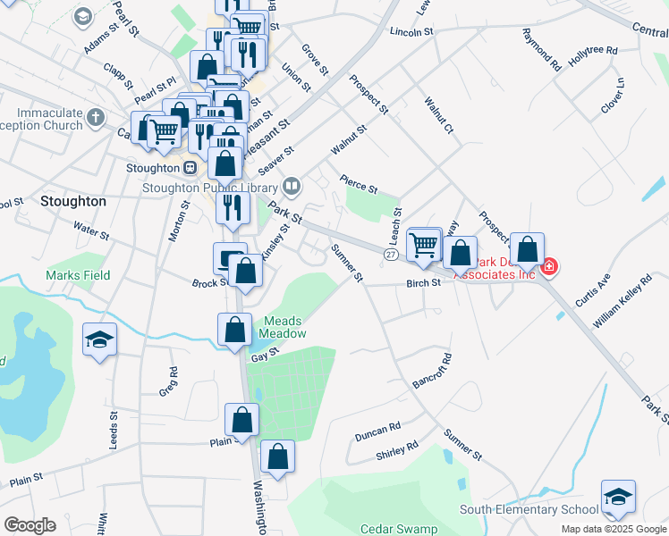 map of restaurants, bars, coffee shops, grocery stores, and more near 145 Gay Street in Stoughton