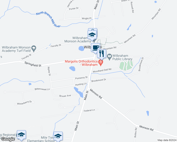 map of restaurants, bars, coffee shops, grocery stores, and more near 503 Main Street in Wilbraham