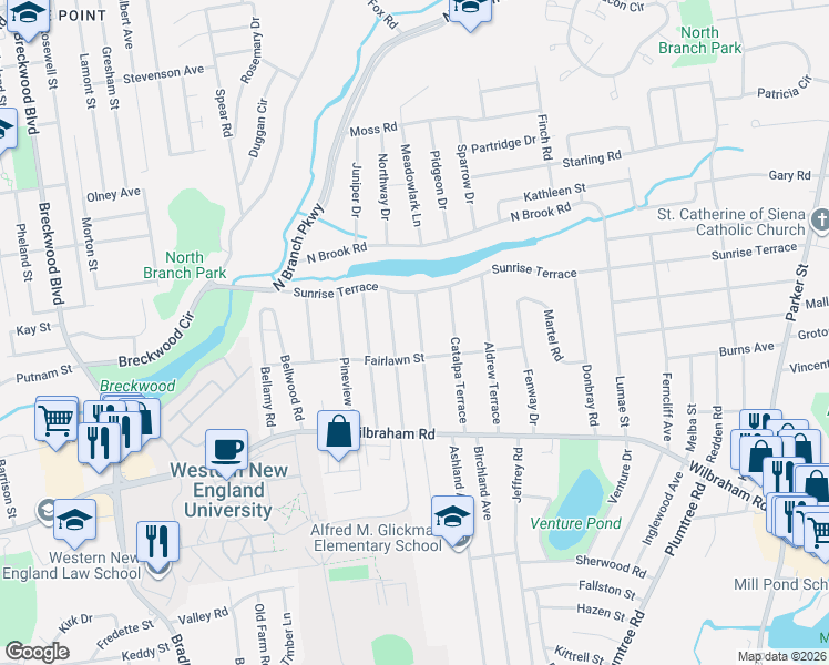 map of restaurants, bars, coffee shops, grocery stores, and more near 77 Granger Street in Springfield
