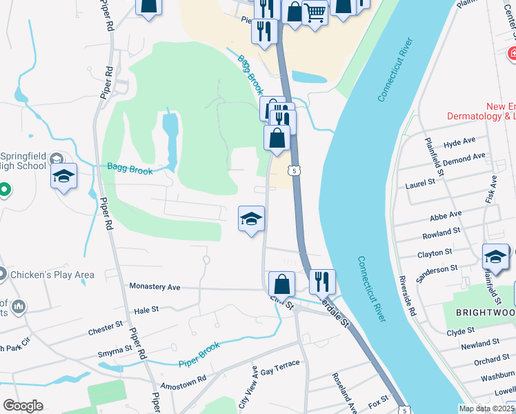 map of restaurants, bars, coffee shops, grocery stores, and more near 25 Lower Grandview Avenue in West Springfield