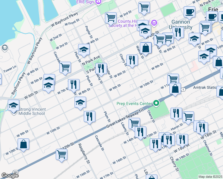 map of restaurants, bars, coffee shops, grocery stores, and more near 909 Liberty Street in Erie
