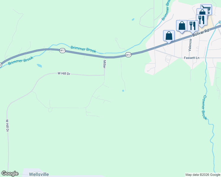 map of restaurants, bars, coffee shops, grocery stores, and more near 2834 Miller in Wellsville