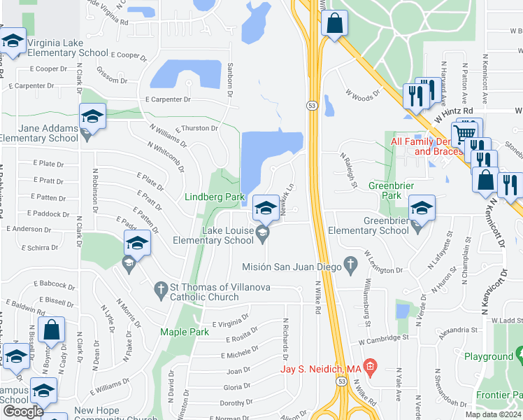 map of restaurants, bars, coffee shops, grocery stores, and more near 634 North Victoria Drive in Palatine