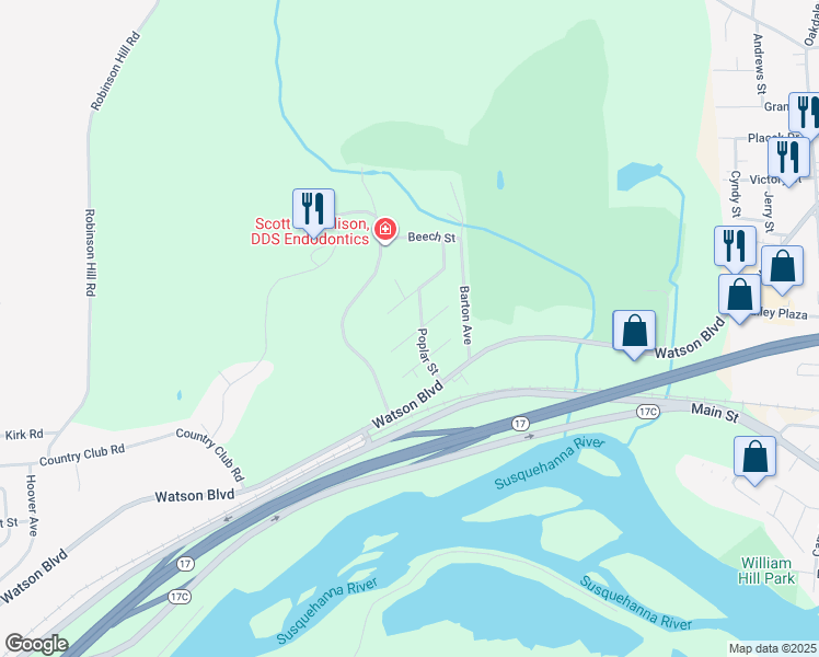 map of restaurants, bars, coffee shops, grocery stores, and more near 13 Woodland Avenue in Johnson City