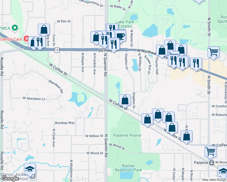 map of restaurants, bars, coffee shops, grocery stores, and more near 525 North Quentin Road in Palatine