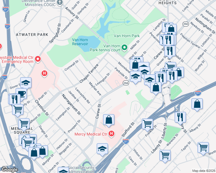 map of restaurants, bars, coffee shops, grocery stores, and more near 18 Knollwood Street in Springfield