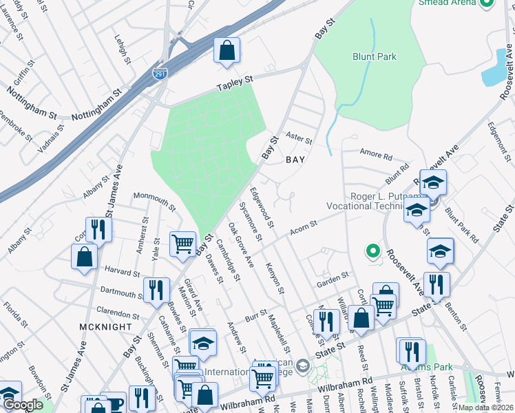 map of restaurants, bars, coffee shops, grocery stores, and more near 64 Edgewood Street in Springfield