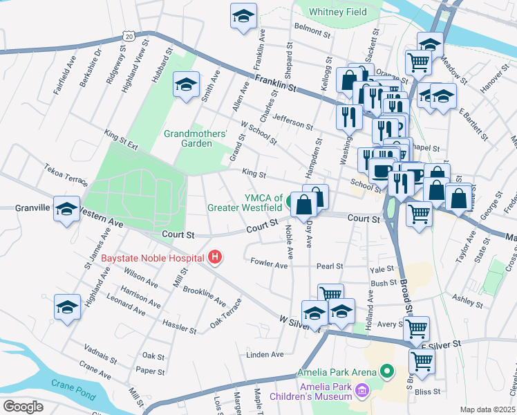map of restaurants, bars, coffee shops, grocery stores, and more near 10 Bates Street in Westfield