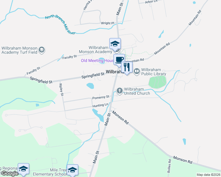 map of restaurants, bars, coffee shops, grocery stores, and more near 503 Main Street in Wilbraham