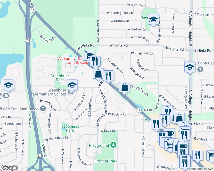 map of restaurants, bars, coffee shops, grocery stores, and more near 2423 North Kennicott Drive in Arlington Heights