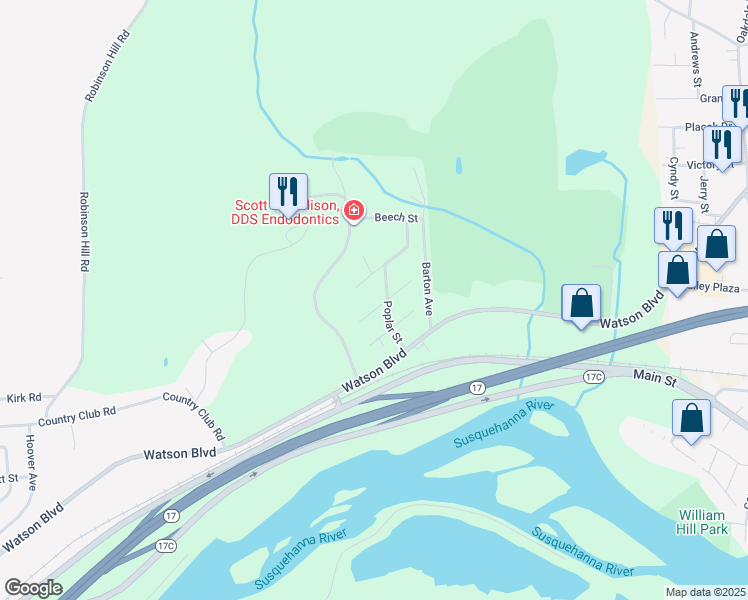 map of restaurants, bars, coffee shops, grocery stores, and more near 13 Woodland Avenue in Johnson City