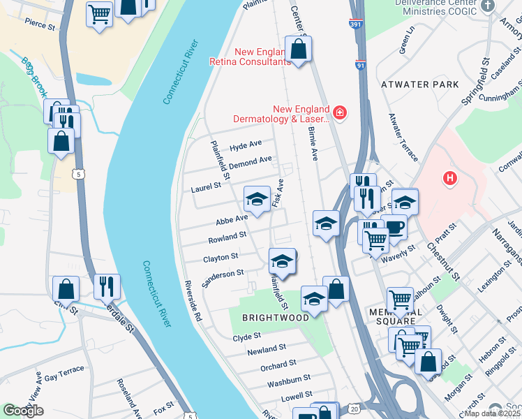 map of restaurants, bars, coffee shops, grocery stores, and more near 471 Plainfield Street in Springfield