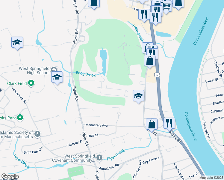 map of restaurants, bars, coffee shops, grocery stores, and more near 125 Grandview Avenue in West Springfield