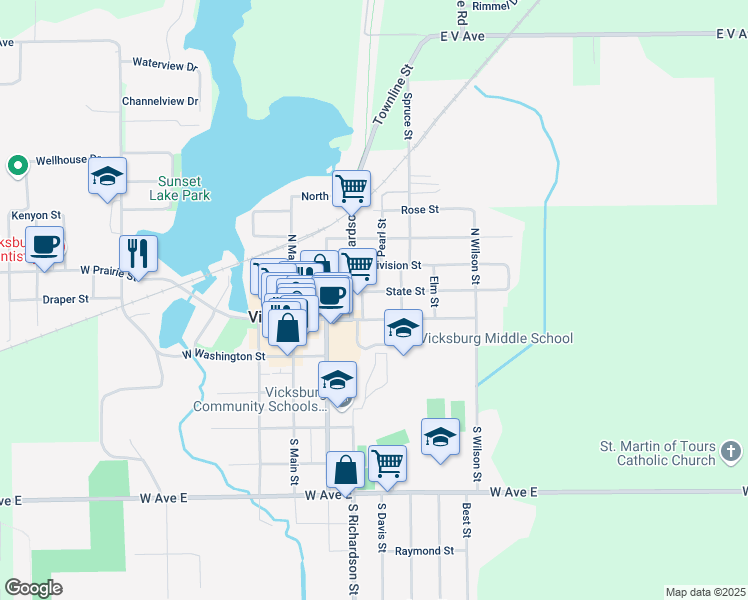 map of restaurants, bars, coffee shops, grocery stores, and more near 321 East Prairie Street in Vicksburg