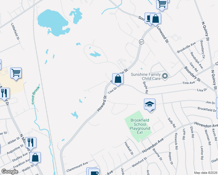 map of restaurants, bars, coffee shops, grocery stores, and more near 529 Howard Street in Brockton
