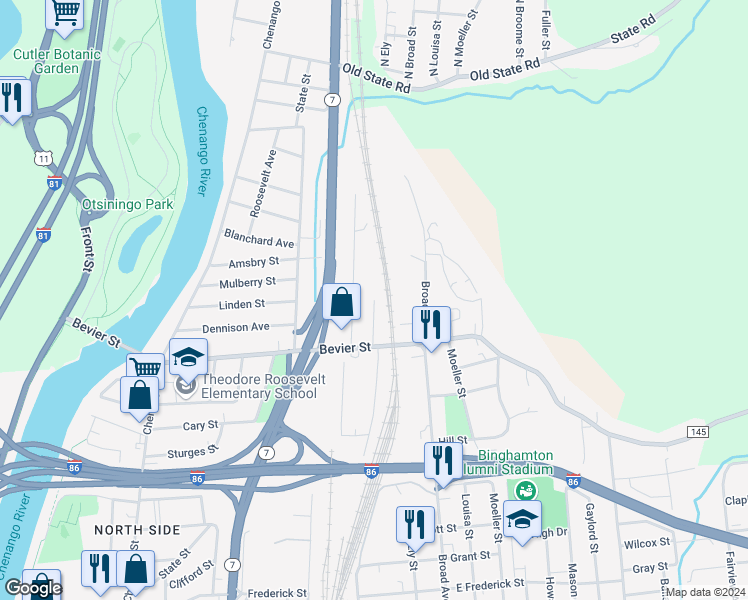 map of restaurants, bars, coffee shops, grocery stores, and more near 99 Smith Avenue in Binghamton