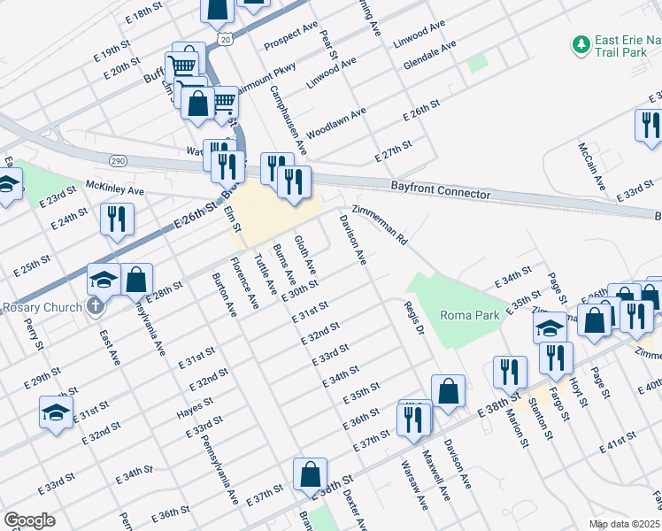 map of restaurants, bars, coffee shops, grocery stores, and more near 1413 East 30th Street in Erie
