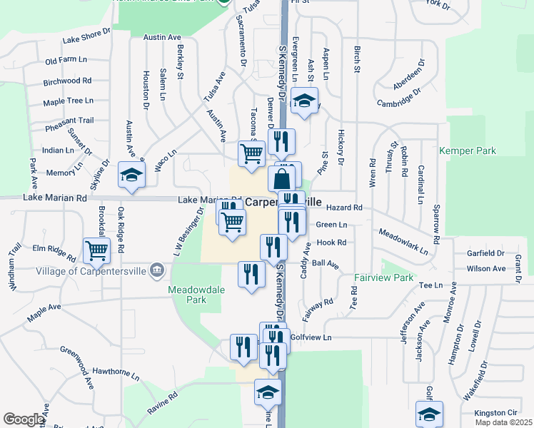 map of restaurants, bars, coffee shops, grocery stores, and more near 52 South Kennedy Drive in Carpentersville